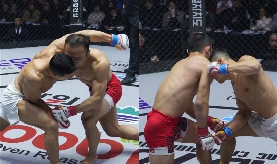 지난달 29일 열린 ‘2024 로드FC 밴텀급 토너먼트 결승전’ 김수철과 양지용의 대결이 노 콘테스트 처리됐다. 버팅 반칙 때문이다. 사진은 양지용이 김수철에게 KO승을 거두는 장면. 그러나 심판위원회에서는 비디오 판독 결과 KO의 원인이 펀치가 아닌 ‘버팅’이 결정타를 판단했다. 사진제공 ㅣ로드FC