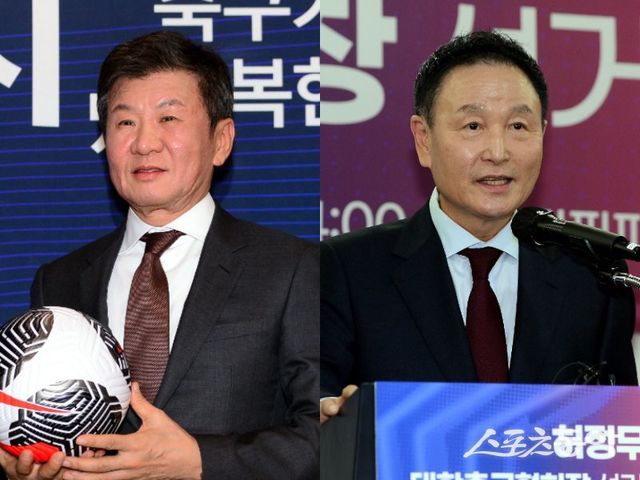 제55대 KFA 회장 선거가 다시 미뤄진 가운데 정몽규 회장(왼쪽)과 허정무 전 대표팀 감독의 후보자 등록 가능성에 대한 유권 해석이 필요해 보인다. 스포츠동아DB