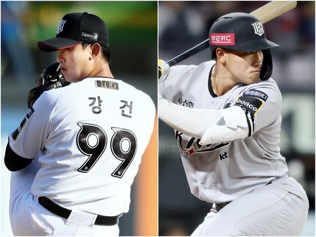 KT 강건(왼쪽)과 안현민. 사진제공｜KT 위즈