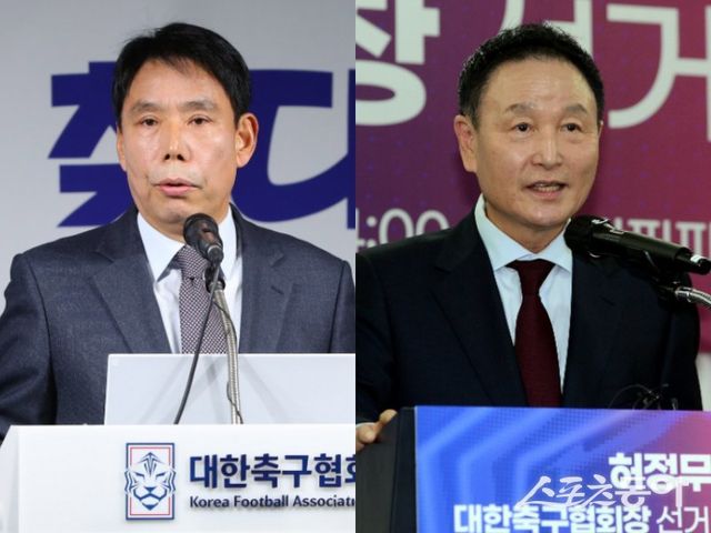 제55대 대한축구협회장 선거에 출마했던 신문선 교수(왼쪽), 허정무 전 대표팀 감독(오른쪽) 등 야권 후보들이 정몽규 회장을 향한 공세를 이어가고 있다. 스포츠동아DB·뉴시스