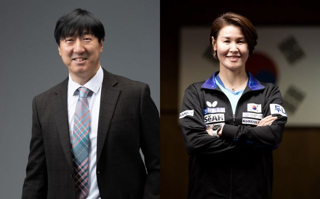 오상은 미래에셋증권 남자팀 감독(왼쪽)과 석은미 여자탁구대표팀 코치가 각각 남녀탁구대표팀 지휘봉을 잡는다. 임기는 2026년 12월까지다. 사진제공｜대한탁구협회