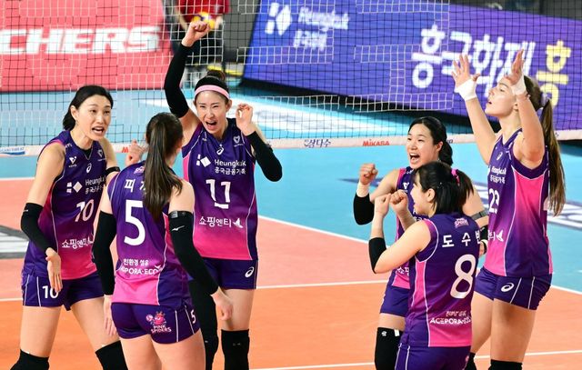 흥국생명 선수들이 30일 대전충무체육관에서 벌어진 정관장과 ‘도드람 2024~2025 V리그’ 여자부 4라운드 원정경기에서 세트스코어 3-2로 이긴 뒤 기뻐하고 있다. 사진제공｜KOVO