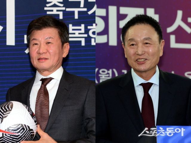 제55대 KFA 회장 선거에서 정몽규 회장(왼쪽)의 대항마로 나선 허정무 전 감독이 최근 서울중앙지법에 낸 ‘KFA 회장 선거 진행 금지’ 가처분 신청 결과가 6일 나온다. 만약 선거가 예정일인 8일 치러지지 않으면 정 회장과 허 전 감독 모두 불편한 상황을 맞을 수 있다. 스포츠동아DB