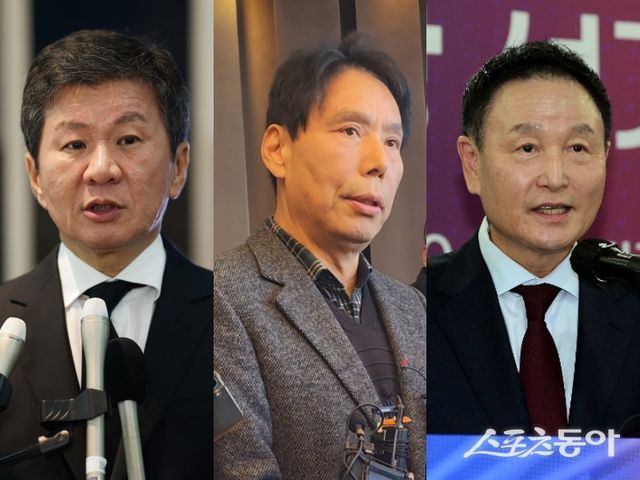 정몽규 회장, 신문선 명지대 교수, 허정무 전 축구대표팀 감독(왼쪽부터)의 3파전으로 8일 치러질 예정이던 제55대 대한축구협회장 선거가 전격 중지됐다. 서울중압지법은 허 전 감독이 지난달 30일 낸 ‘선거 금지 가처분 신청’을 7일 인용했다. 스포츠동아DB