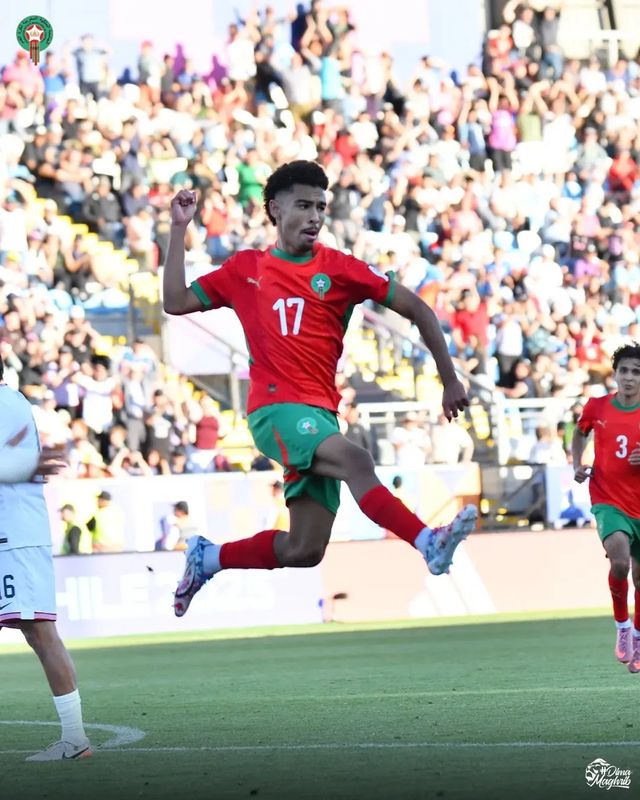 모로코 공격수 게심 야신이 13일(한국시간) 엘 테니엔테에서 열린 미국과 U-20 월드컵 8강전에서 팀의 세 번째 골을 넣은 뒤 기뻐하고 있다. 사진출처｜모로코축구국가대표팀 페이스북