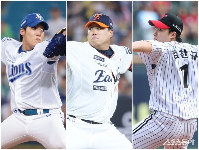 올해 포스트시즌에선 토종 에이스들의 활약이 시리즈의 향방을 가르는 분위기다. 삼성 원태인, 한화 류현진, LG 임찬규(왼쪽부터)의 시간이 왔다. 사진제공｜삼성 라이온즈·한화 이글스·LG 트윈스