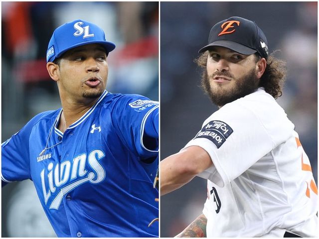 한화 코디 폰세(오른쪽)와 삼성 헤르손 가라비토가 17일 대전한화생명볼파크에서 열리는 ‘2025 신한 SOL 뱅크 KBO PS’ PO 1차전에서 선발 맞대결을 벌인다. 폰세는 대전구장에서 평균자책점(ERA) 0.89를, 가라비토는 올해 한화를 상대로 2경기에서 ERA 0.00을 기록했다. 사진제공｜삼성 라이온즈·한화 이글스