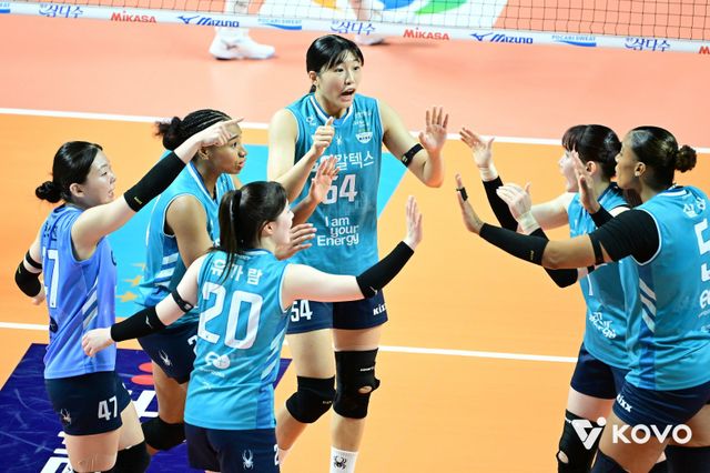 GS칼텍스 선수들이 19일 장충체육관에서 열린 IBK기업은행과 V리그 여자부 1라운드 개막전(1차전)에서 득점에 성공한 뒤 단체 하이파이브를 나누고 있다. 사진제공 ｜KOVO