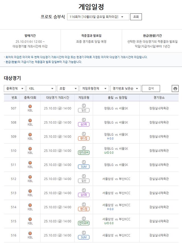 프로토 승부식&nbsp;116회차 2025-26시즌 KBL 개막전 대상 게임 경기 정보.
