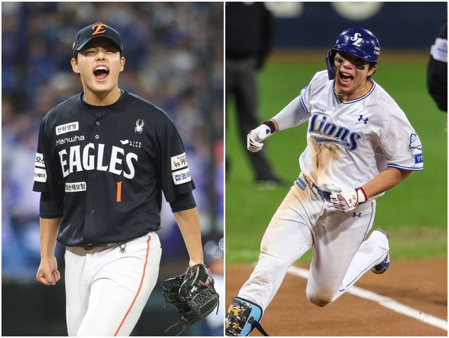 삼성과 한화의 ‘2025 신한 SOL 뱅크 KBO PS’ PO 5차전이 24일 대전한화생명볼파크에서 열린다. 이번 PO는 2003년생 동갑내기 삼성 김영웅(오른쪽)과 한화 문동주의 ‘창’과 ‘방패’ 대결이다. PO에서 최고의 활약을 펼친 두 선수가 5차전 맞대결을 앞두고 있다. 사진제공｜한화 이글스·삼성 라이온즈
