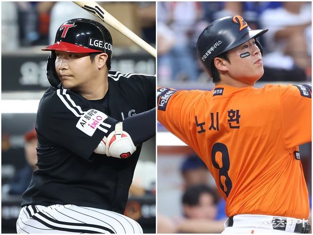 올해 PS는 홈런 풍년이다. LG 문보경(왼쪽)과 한화 노시환이 PO에서 기운을 이어 KS를 수놓고 있다. 사진제공｜LG 트윈스·한화 이글스