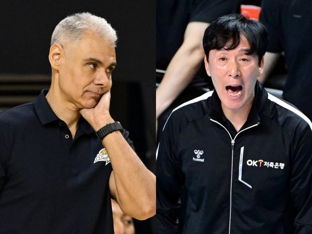 레오나르도 카르발류 KB손해보험 감독(왼쪽)과 신영철 OK저축은행 감독은 30일 의정부 경민대기념관에서 열릴 맞대결에 앞서 다른 포인트를 강조했다. 카르발류 감독은 일관성을 외쳤고, 신 감독은 자신감을 키워드로 꼽았다. 사진제공｜KOVO