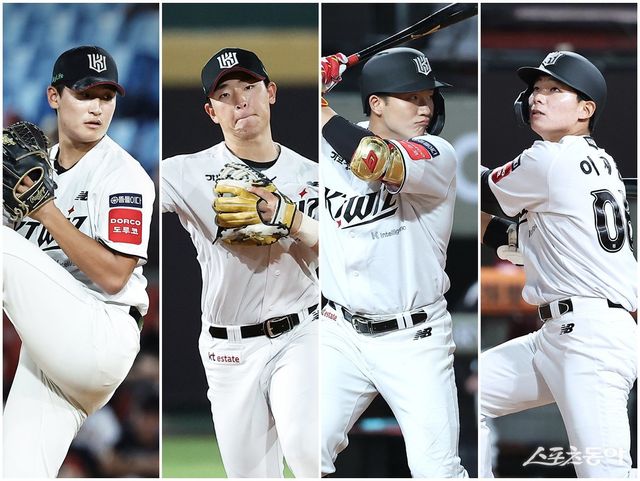 KT 신인 박지훈, 이강민, 김건휘, 이재원(왼쪽부터)이 7일 라쿠텐 타오위안 야구장에서 열린 ‘2025 타오위안 아시아 프로야구 교류전’ 라쿠텐 골든이글스와 경기에 출전해 활약하고 있다. 사진제공｜KT 위즈