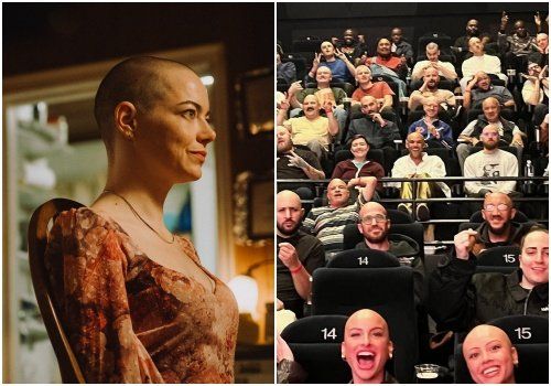 영화 ‘부고니아’ 스틸·미국에서 열린 ‘민머리 상영회’ 인증샷, 사진제공｜CJ ENM·SNS