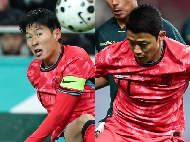 손흥민(왼쪽)과 황희찬이 18일 서울월드컵경기장에서 열린 가나와 홈 친선전에서 아쉬운 활약을 했다. 손흥민은 슛을 한 차례도 때리지 못했고, 황희찬은 페널티킥을 실축했다. 사진제공｜대한축구협회