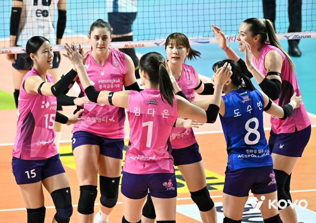 흥국생명 선수들이 20일 인천삼산월드체육관에서 열린 GS칼텍스와 V리그 여자부 경기 도중 팀 득점에 성공하자 기뻐하고 있다. 사진제공｜KOVO