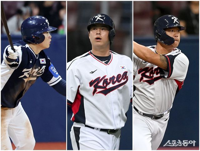 한화가 문현빈, 노시환, 강백호(왼쪽부터)를 앞세워 일명 ‘다이너마이트 타선’을 대표팀 타자들로 새로 구축했다. 뉴시스·스포츠동아DB