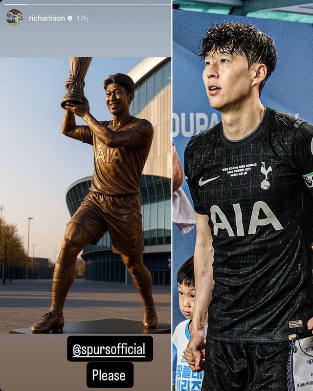 손흥민의 동상을 세워야 한다는 AI 이미지를 띄운 토트넘 히샬리송의 소셜미디어 계정(왼쪽 사진)과 손흥민이 8월 초 국내서 열린 고별전을 앞두고 경기장에 입장하는 모습. 사진출처｜히샬리송 페이스북 캡처