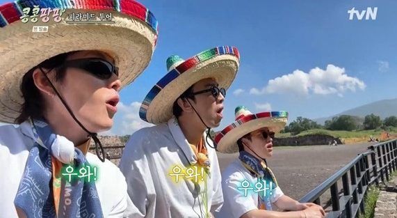 “여기 진짜 미쳤다”. 김우빈,이광수,도경수가 tvN ‘콩콩팡팡’에서 멕시코 현지를 누비는 모습. 사진제공｜tvN