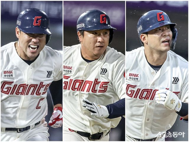 주축 선수가 대부분 저연차로 구성된 롯데가 베테랑 전준우, 정훈, 김민성(왼쪽부터)을 앞세워 체질 개선의 기반을 마련할지 주목된다. 사진제공｜롯데 자이언츠