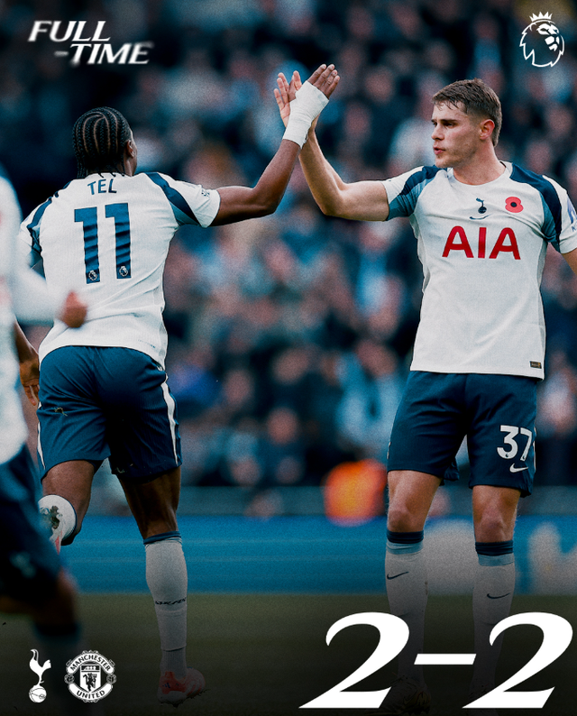 토트넘은 8일(한국시간) 영국 토트넘 홋스퍼 스타디움에서 열린 맨유와 EPL 홈경기에서 2-2로 비겼다. 0-1로 끌려가던 후반 막판 텔(왼쪽)과 히샬리송의 잇따른 골로 승리를 눈앞에 뒀지만 맨유 더 리흐트에게 극장 동점골을 내줬다. 사진은 후반 36분 동점골을 넣은 뒤 판더펜(오른쪽)의 격려를 받는 텔 사진출처│토트넘 홋스퍼 인스타그램