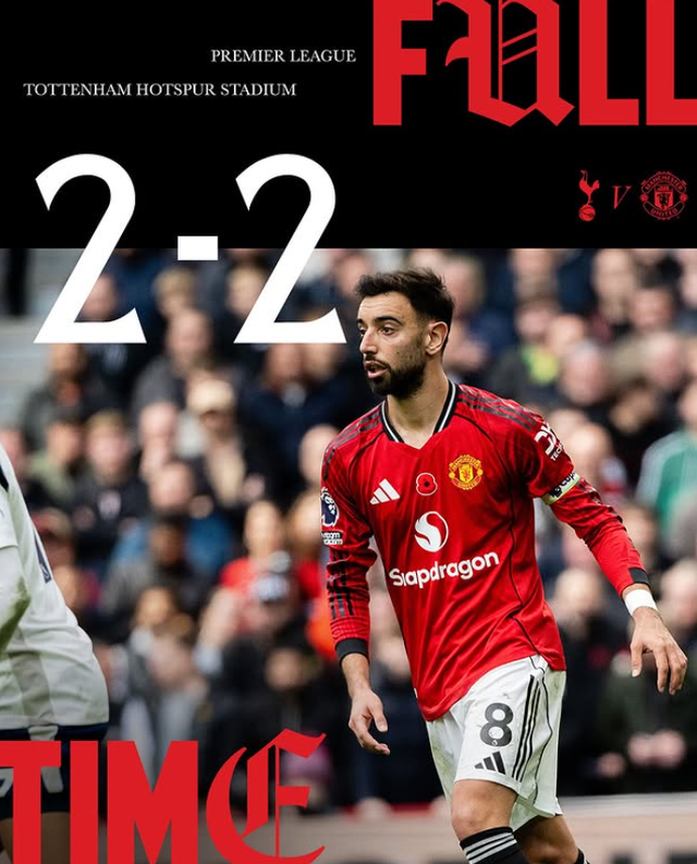 맨유는 8일(한국시간) 영국&nbsp;토트넘 홋스퍼 스타디움에서 열린 토트넘과&nbsp;EPL 원정경기에서 2-2로 비겼다. 음뵈모가 선제골을 넣고도 후반 막판 잇따른 실점으로 패색이 짙었지만&nbsp;더 리흐트의 극장 동점골로 소중한 승점 1을 따냈다. 사진은 더 리흐트의 동점골을 어시스트한 주장 페르난데스. 사진출처│맨체스터 유나이티드 인스타그램