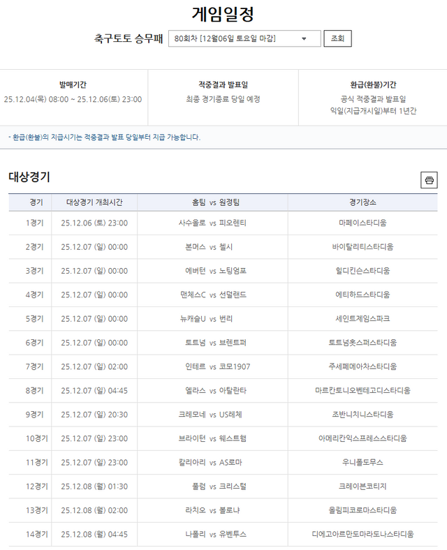 축구토토 승무패 80회차 대상경기.