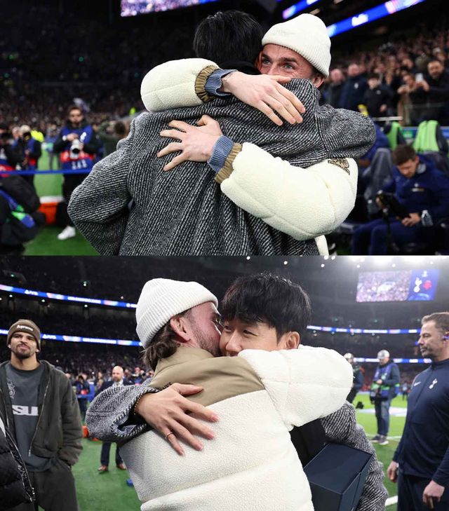 손흥민과 제임스 매디슨이 토트넘-슬라비아 프라하의 UCL 경기가 열린 10일(한국시간) 토트넘 홋스퍼 스타디움에서 서로를 끌어안으며 재회의 기쁨을 만끽하고 있다. 사진출처｜토트넘 홋스퍼 페이스북