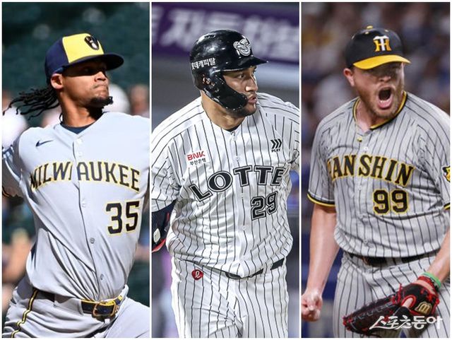 롯데가 내년 시즌 외국인 선수 구성을 마쳤다. 빅터 레이예스(가운데)는 재계약, 엘빈 로드리게스(왼쪽)와 제레미 비슬리는 신규 외국인 선수다. 사진제공｜롯데 자이언츠