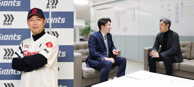 롯데는 12일 NPB의 투수 육성 전문가 가네무라 사토루 코치를 영입했다. 오른쪽 사진은 박준혁 단장과 대화하는 가네무라 코치. 사진제공｜롯데 자이언츠