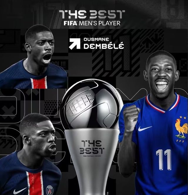 뎀벨레는&nbsp;17일(한국시간) 카타르 도하에서 열린&nbsp;‘더 베스트 FIFA 풋볼 어워즈 2025’ 시상식서&nbsp;올해의 남자선수상을 수상했다.&nbsp;경쟁자였던&nbsp;킬리안 음바페(27·레알 마드리드)와 라민 야말(17·FC바르셀로나)을 제쳤다. 사진출처｜FIFA 홈페이지