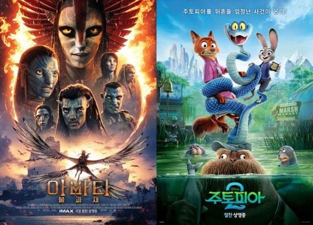 세밑 극장에 걸린 디즈니 작품이 ‘쌍끌이’로 파죽지세를 이어가고 있다. 애니메이션 ‘주토피아2’(오른쪽)는 누적 관객 600만, ‘아바타: 불과 재’는 개봉 나흘 만에 120만을 돌파하며 흥행 저력을 입증했다. 사진제공 | 월트디즈니 컴퍼니 코리아