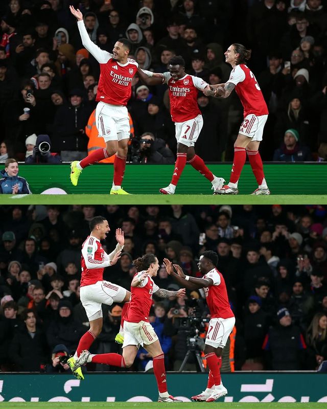 아스널 선수들이 24일(한국시간) 크리스탈 팰리스와 리그컵 8강 홈경기서 상대 자책골로 리드를 잡은 뒤 환호하고 있다. 사진출처｜아스널 페이스북