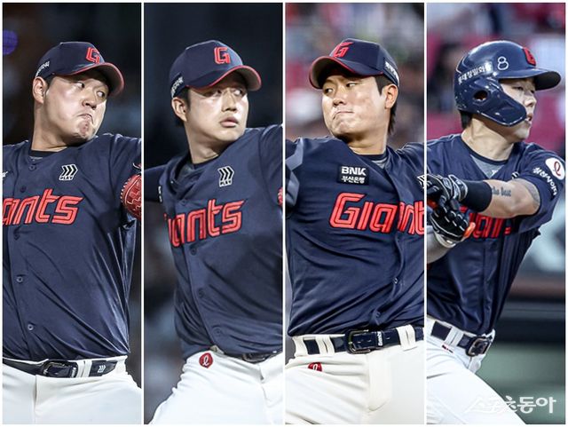 롯데의 내년 시즌 연봉 협상 대상자 중 누가 순풍을 맞을지 주목된다. 올 시즌에는 나균안, 김강현, 정현수, 고승민(왼쪽부터)의 활약이 돋보였다. 사진제공｜롯데 자이언츠