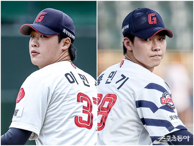 롯데 이민석(왼쪽)과 홍민기가 내년 시즌 꾸준한 활약으로 마운드 운영에 숨통을 틔울지 궁금하다. 사진제공｜롯데 자이언츠