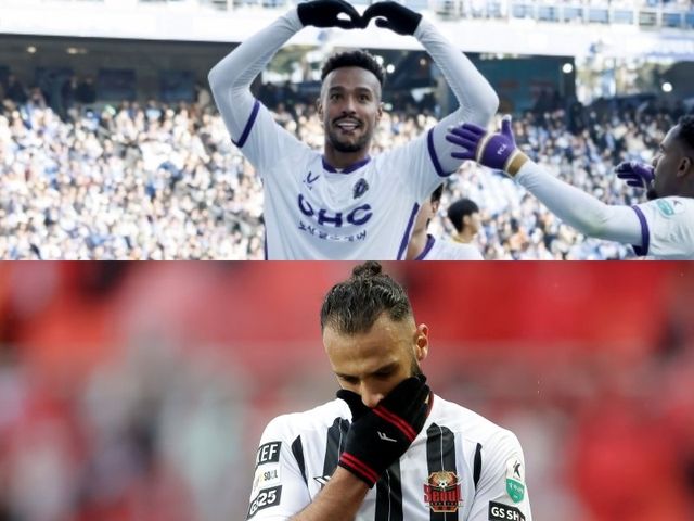 껄끄러운 관계인 FC서울과 FC안양이 22일 서울월드컵경기장에서 열릴 2025시즌 K리그1 2라운드에서 만난다. 두 팀의 리그 맞대결은 이번이 처음이다. 개막전에서 안양은 울산 HD를 꺾은 반면 서울은 제주 SK에 완패했다. 울산 원정 결승골을 터트린 안양 모따(위)와 서울 수비수 야잔. 사진제공｜한국프로축구연맹