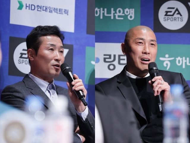 경남 이을용 감독(왼쪽)과 화성 차두리 감독. 사진제공｜한국프로축구연맹