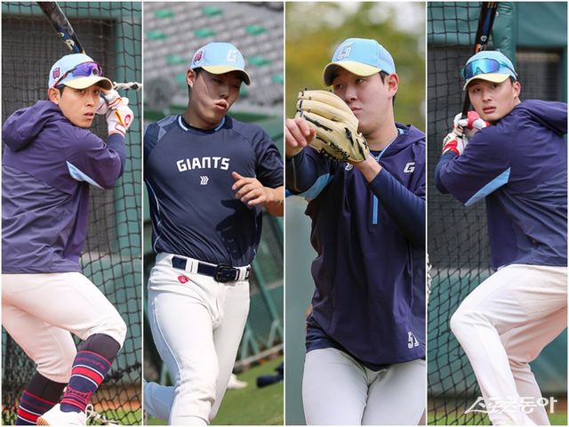 롯데 황성빈, 고승민, 나승엽, 윤동희(왼쪽부터)가 1차 스프링캠프지인 대만 타이난 아시아-태평양국제야구훈련센터에서 각각 타격, 주루, 수비훈련을 하고 있다. 사진제공｜롯데 자이언츠