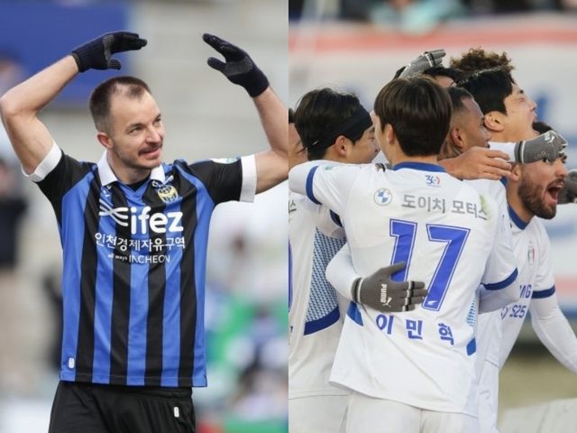 인천은 22일 무고사(왼쪽)의 결승골로 경남과 2025시즌 K리그2 개막전 홈경기를 2-0 승리로 장식했다. 같은 날 수원은 안산과 원정경기에서 김지현의 결승골에 힘입어 1-0으로 이겼다. 사진제공｜한국프로축구연맹