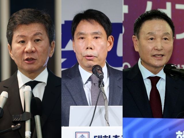 정몽규 회장과 신문선 교수, 허정무 전 대표팀 감독(왼쪽부터)은 26일 서울 종로구 축구회관에서 진행될 제55대 KFA 회장 선거에서 경쟁한다. 스포츠동아DB·뉴시스, 사진제공｜대한축구협회