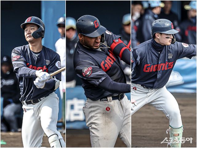 롯데 손호영, 빅터 레이예스, 윤동희(왼쪽부터)가 23일 일본 미야자키 난고스타디움에서 열린 세이부와 연습경기에 클린업 트리오로 나섰다. 사진제공｜롯데 자이언츠