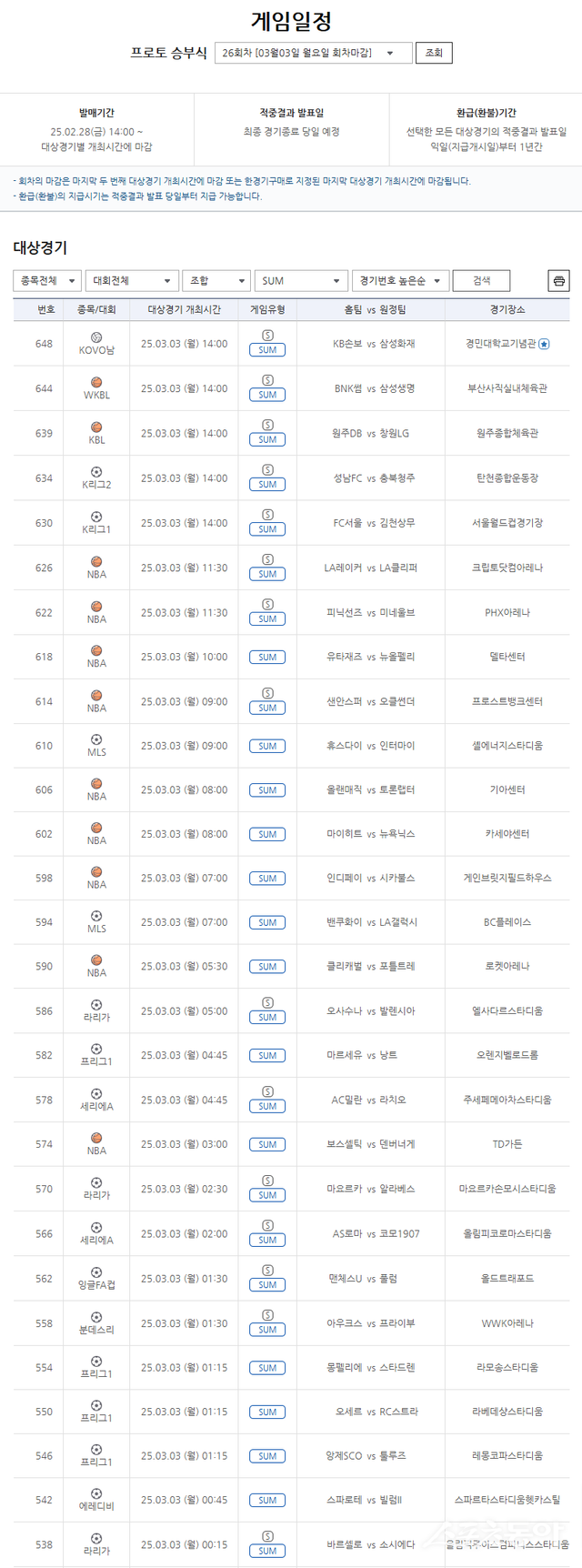 스포츠토토 프로토 승부식 26회차 SUM 유형 대상경기