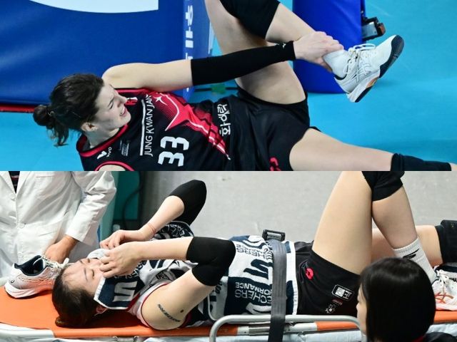 정관장이 봄배구를 앞두고 주축들의 줄부상에 신음하고 있다. 22일 5라운드 마지막 홈경기에서 외국인 공격수 부키리치(위)가 다친 데 이어 박은진이 26일 6라운드 원정경기에서 부상을 당했다. 공교롭게도 모든 상대는 GS칼텍스였고, 부상 부위마저 왼쪽 발목으로 같았다. 사진제공｜KOVO