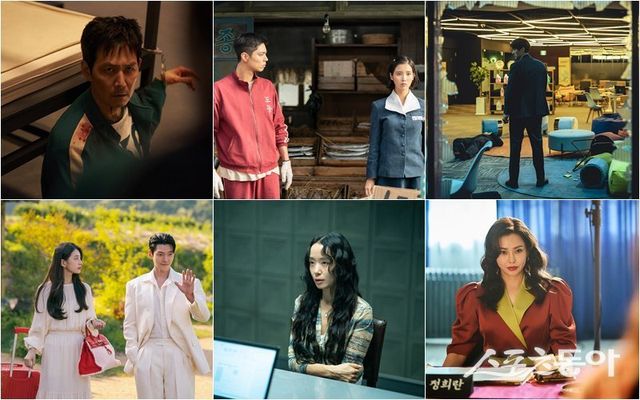 왼쪽부터 시계방향으로 ‘오징어 게임’, ‘폭싹 속았수다’, ‘광장’, ‘애마’ , ‘애마’, ‘다 이루어질지니’ 스틸, 사진제공｜넷플릭스