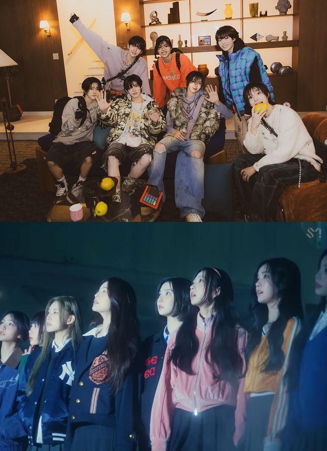 JYP엔터테인먼트 소속 킥플립과 SM엔터테인먼트의 하츠투하츠(위부터)가 올해 케이(K)팝 무대에서 펼쳐지는 ‘신인 대전’의 포문을 화려하게 열었다. 사진제공｜JYP엔터테인먼트·SM엔터테인먼트