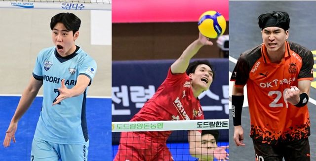 V리그 남자부 영플레이어상 수상자로 우리카드 한태준이 유력하나, 공격수인 한국전력 구교혁과 OK저축은행 신호진(왼쪽부터)의 수상 가능성도 열려있다. 사진제공｜KOVO