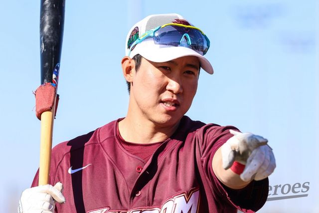 미국 애리조나주 메사 스프링캠프에서 구슬땀을 흘리고 있는 키움 김동엽. 사진제공｜키움 히어로즈