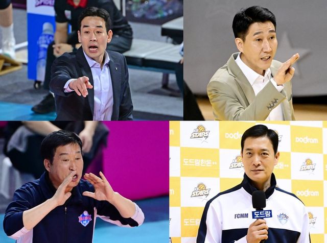 ‘도드람 2024~2025 V리그’에서 정관장 고희진 감독을 제외한 나머지 사령탑들은 고전을 면치 못하고 있다. 외국인선수가 부상으로 이탈한 한국전력 권영민 감독, 리시브 문제에 발목을 잡힌 삼성화재 김상우 감독, 이소영의 부상과 부진으로 라인업 구성에 어려움을 겪고 있는 IBK기업은행 김호철 감독(왼쪽 위부터 시계방향) 모두 근심이 깊어지고 있다. 사진제공｜KOVO