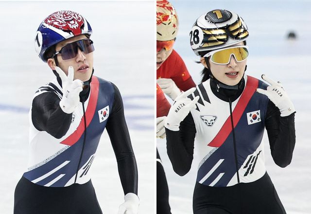 8일(현지시간) 중국 헤이룽장성 하얼빈 빙상훈련센터 다목적홀에서 열린 하얼빈 동계아시안게임 쇼트트랙 남녀 1,500m 결승에서 박지원, 김길리가 각각 1위로 결승선을 통과하며 세리머니를 하고 있다. 박지원, 김길리는 이날 오전에 열린 2000m 혼성 계주에 이어 나란히 대회 2관왕의 주인공이 됐다. 2025.2.8/뉴스1