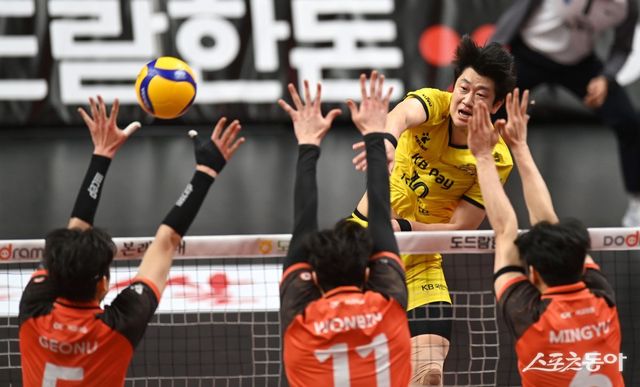 KB손해보험 나경복(뒤)이 9일 안산 상록수체육관에서 열린 OK저축은행과 ‘도드람 2024~2025 V-리그’ 남자부 5라운드 원정경기 도중 상대 블로킹 사이로 스파이크를 날리고 있다. 나경복의 트리플 크라운 활약에 힘입은 KB손해보험이 3-0으로 이겼다. 안산 | 김종원 기자 won@donga.com